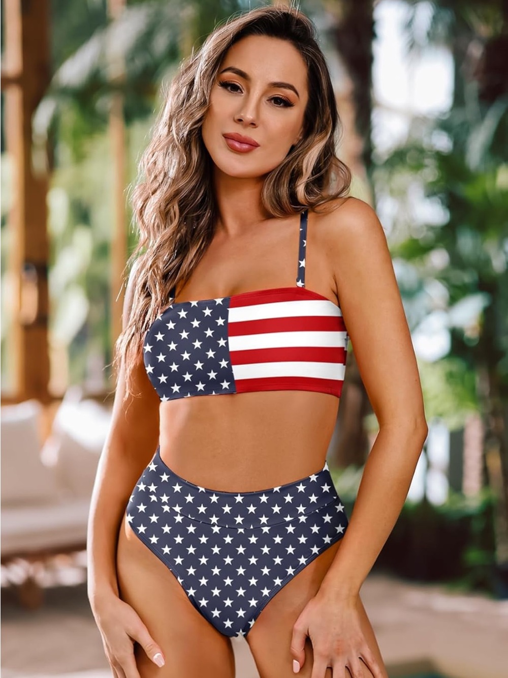 American Flag High-Waist Bandeau Swim Set nwt 2XL Pink Queen